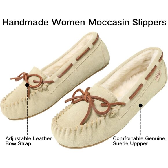 Women's Cream Leather Faux Fur Pile lined lace Up Cozy Bow Warm Slippers Boot - Picture 3 of 5